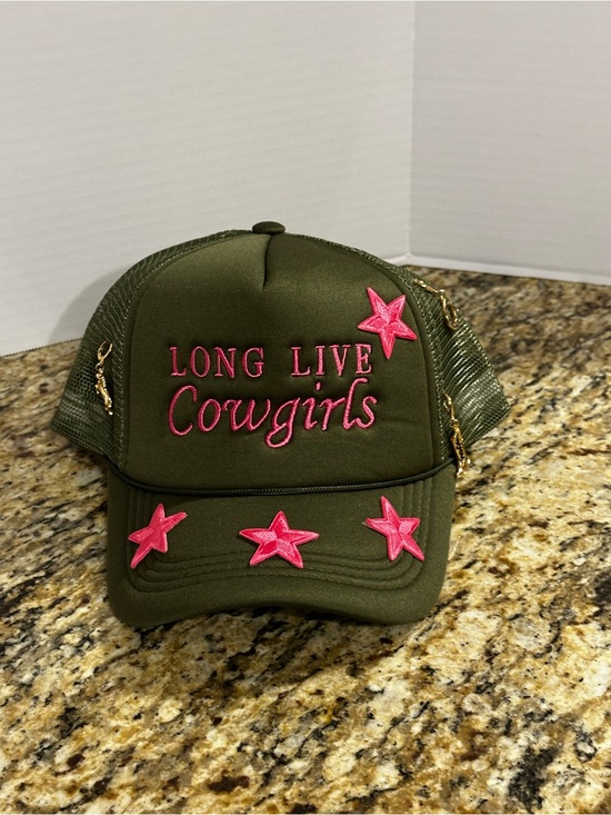 The Unbranded Brand Accessories - Long Live Cowgirls Olive Trucker Hat with Pink Stars and charms
